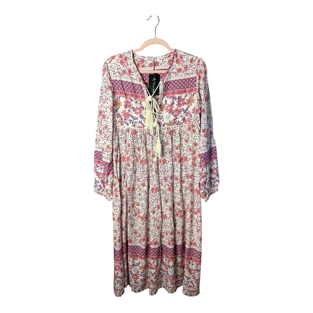 R.Vivimos Women's Floral Print Retro V Neck Tassel Bohemian Midi Dress Size XS - Picture 2 of 9